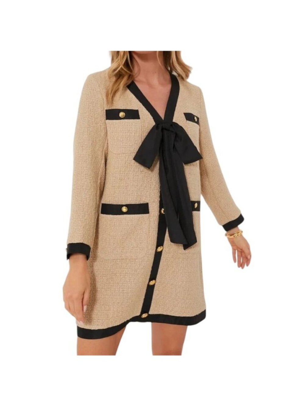 Pomander Place Tuckernuck Coco Tweed Bow Mini Dress M Tan Black Gold NWT